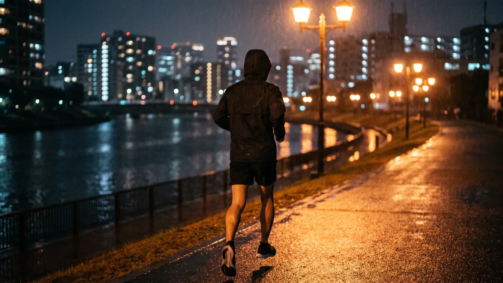 夜の川沿いを走るランナー